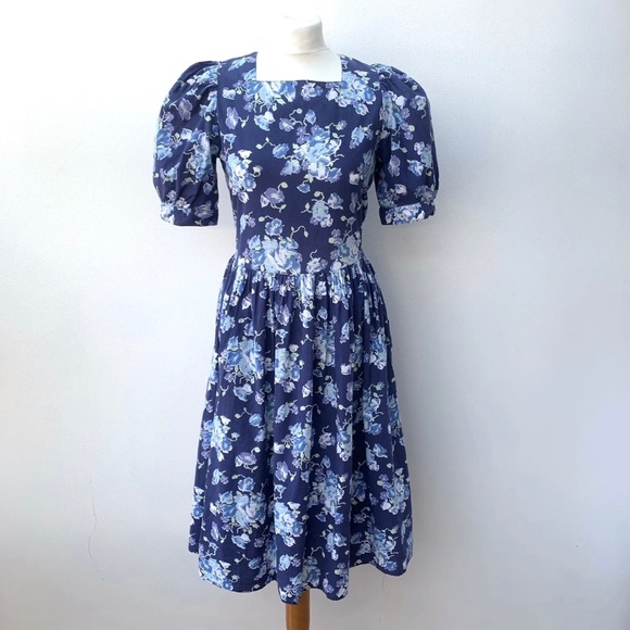 Laura Ashley Dresses & Skirts - Vintage Laura Ashley UK 14 Cotton Tea Dress Blue Floral Puff Sleeve Square Neck